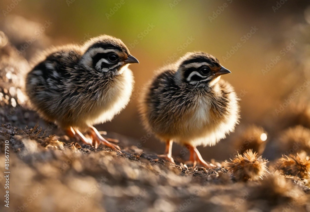 Fototapeta premium Quail Chicks stand in a natural environment of dirt and foliage