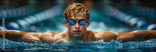 Exhausted swimmer taking a break in the pool - tired face of athlete in banner image
