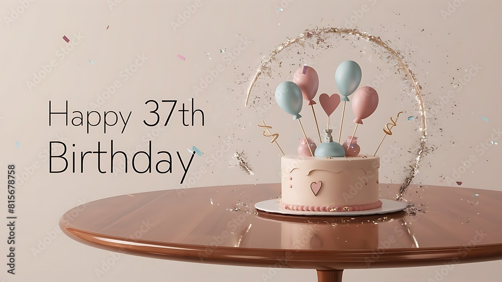 Minimalist 3D Happy 37th Birthday Background With Balloons , Hearts ...