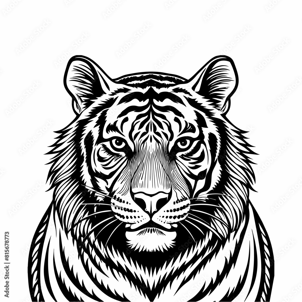 Black and White Illustration of a Tiger Face