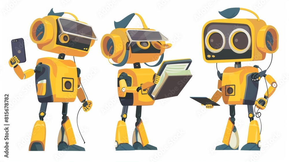A cute cartoon set of chatbot cartoons showing a yellow chat bot, a tablet-based assistant with a camera, a mobile phone that reads messages, and an online translator isolated on a white background.