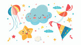 Toy cloud and kite flat vector illustration. Colorful