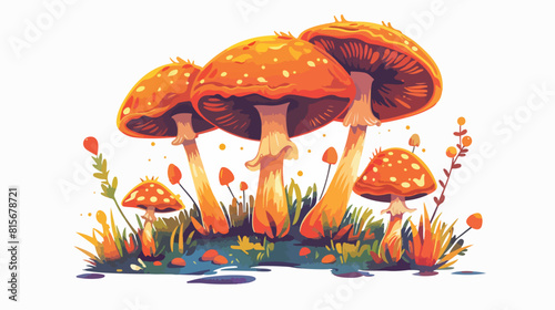 Toxic mushrooms with orange cone cap and spores vector