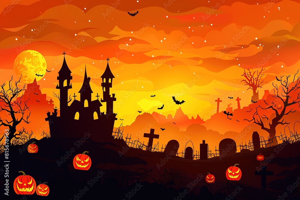 Spooky halloween background of ghost house with bats and jack-o-lanterns, digital illustration