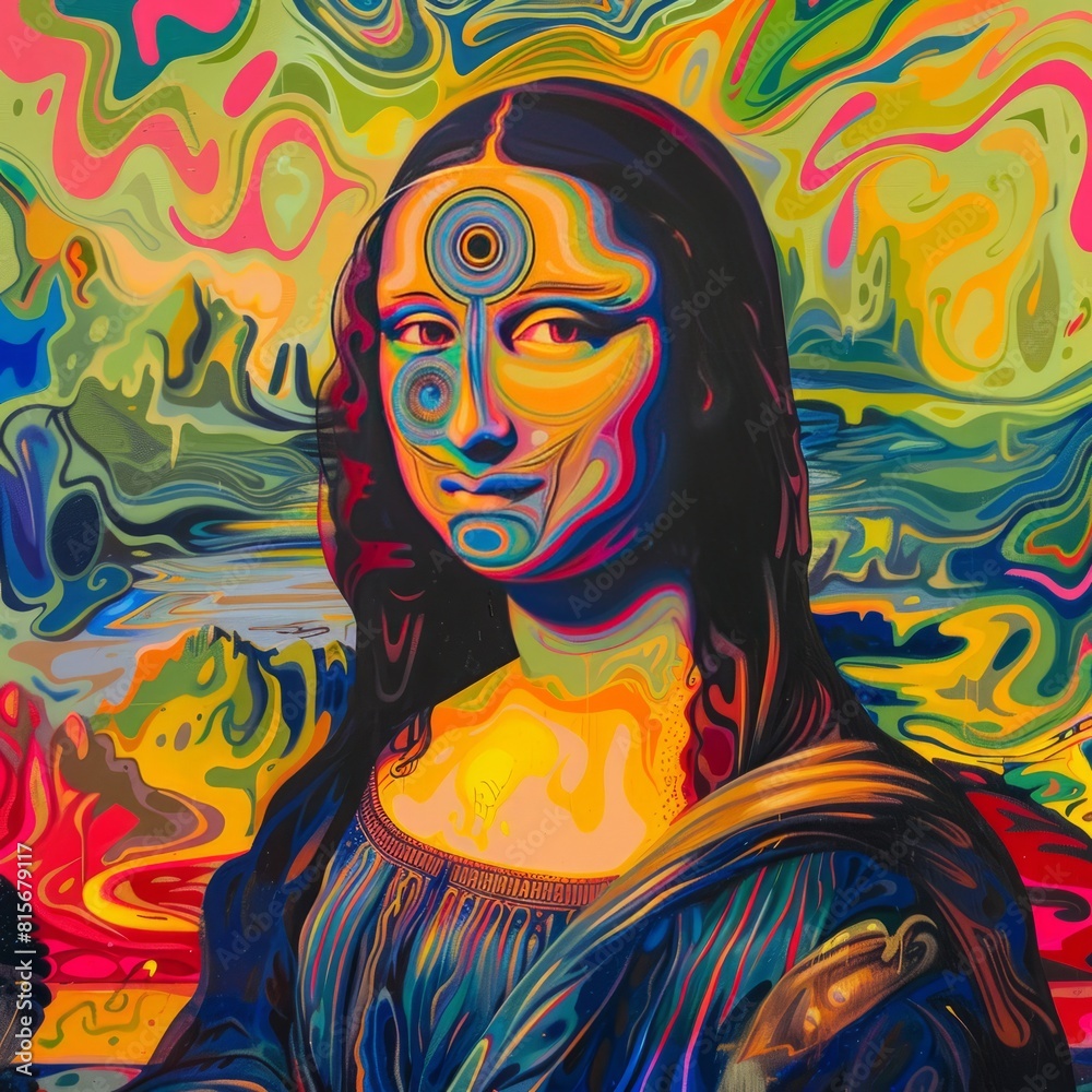 Mona Lisa with third eye, colorful background, trippy artwork in the style of psychedelic, acidwaves 