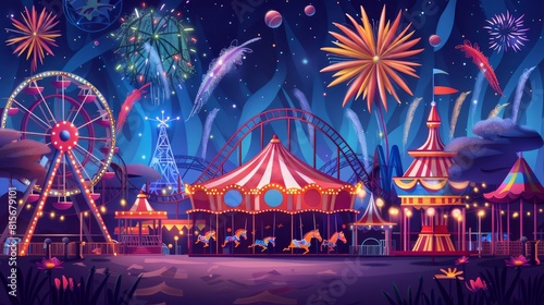 Carnival funfair, amusement park with attractions and fireworks in the sky. Modern illustration of roller coaster, carousel, and ferris wheel on a night summer landscape. photo