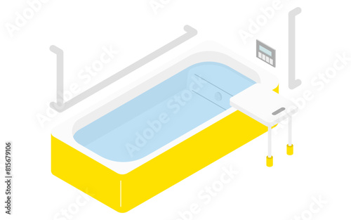 Home remodeling, caregiver remodeling to replace a shallow tub that is easy to straddle, isometric illustration