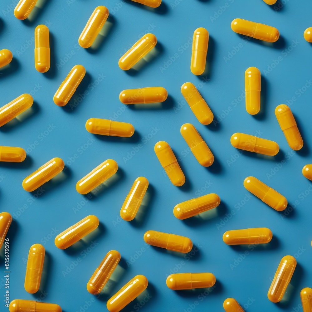 yellow colored vitamin capsules, scattered on a blue background for realistic photography yellow colored vitamin capsules, scattered on a blue background for realistic photography