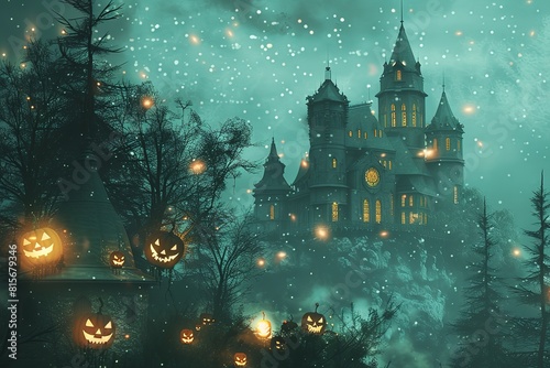 Halloweeen castle scenery with full moon in majestic night sky and highly detailed natural environment landscape. photo