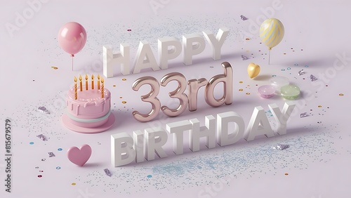 Minimalist 3D Happy 33rd Birthday Background With Balloons , Hearts, Confetti And Candles, Happy Birthday Background photo