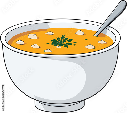 Vector illustration of a white ceramic bowl filled with a creamy soup