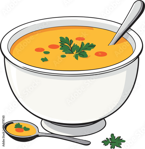Vector illustration of a white ceramic bowl filled with a creamy soup