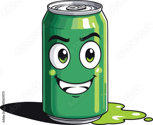 Vector illustration of a green soda can decorated with a silly face