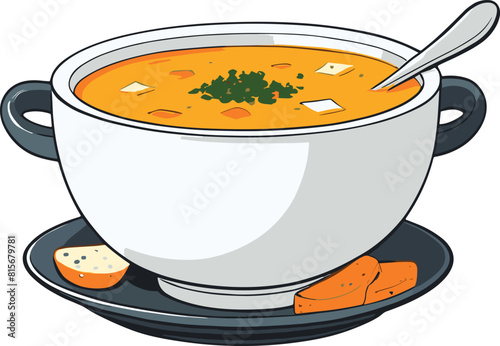 Vector illustration of a white ceramic bowl filled with a creamy soup