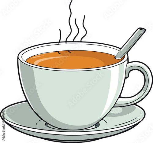 Vector illustration of a white ceramic teacup filled with a hot, steaming beverage