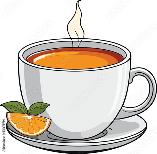 Vector illustration of a white ceramic teacup filled with a hot, steaming beverage