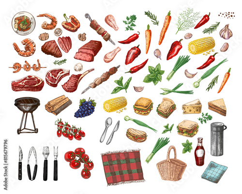 A set of colored and monochrome hand-drawn sketches of barbecue and picnic elements. For design of menu of restaurants and cafes, grilled food. Vintage illustration. Engraved image.