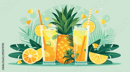 Tropical pineapple cocktail with straws and jungle 