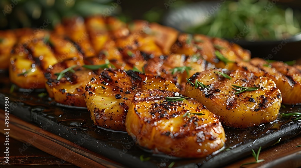 Juicy slices of grilled pineapple caramelize to perfection, their sweet, smoky flavor enhanced by a sprinkle of cinnamon and sugar.