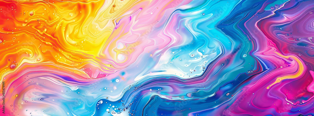 Obraz premium Abstract colorful background with swirling liquid paint and vibrant colors. A fluid, psychedelic pattern in bright hues of blue, pink, orange, yellow, purple, red, green, and white. 