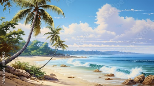 Tranquil tropical beach with palm trees  sandy shore  gentle waves  perfect vacation scene