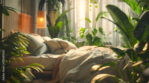 Cozy bright bedroom with indoor plantsHome interior designBiophilia designurban jungle concept : Generative AI photo