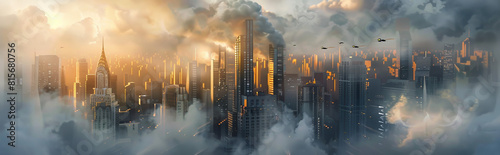 a futuristic abstract artwork depicting a bustling cityscape with skyscrapers and flying vehicles enveloped in swirling clouds of smoke. 
