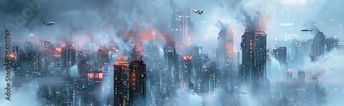 a futuristic abstract artwork depicting a bustling cityscape with skyscrapers and flying vehicles enveloped in swirling clouds of smoke. 