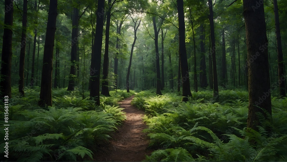Obraz premium pathway in green wild forest background. woods background