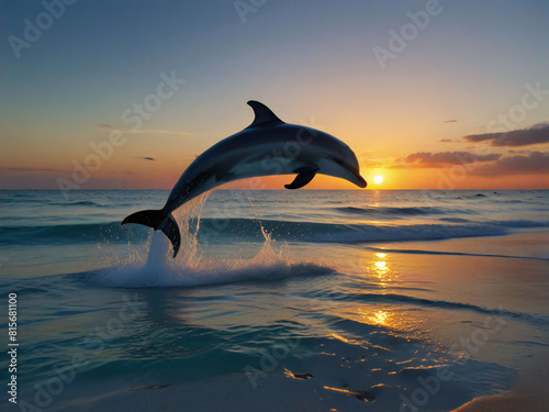 Dolphin jumping with sunset