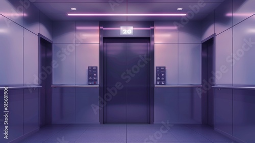 A modern realistic interior view of a passenger lift with buttons panel and digital display with floor number.