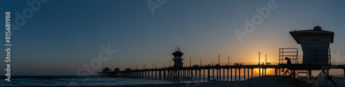 Extra Long Panorama of Huntington Beach at Sunset, Including Lifeguard Tower, Pier and Surf, California, USA
