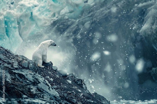 Polar bear on the rocks. A polar bear walking on a snowy hillside. Animals of the Arctic. Animal world of the polar region.