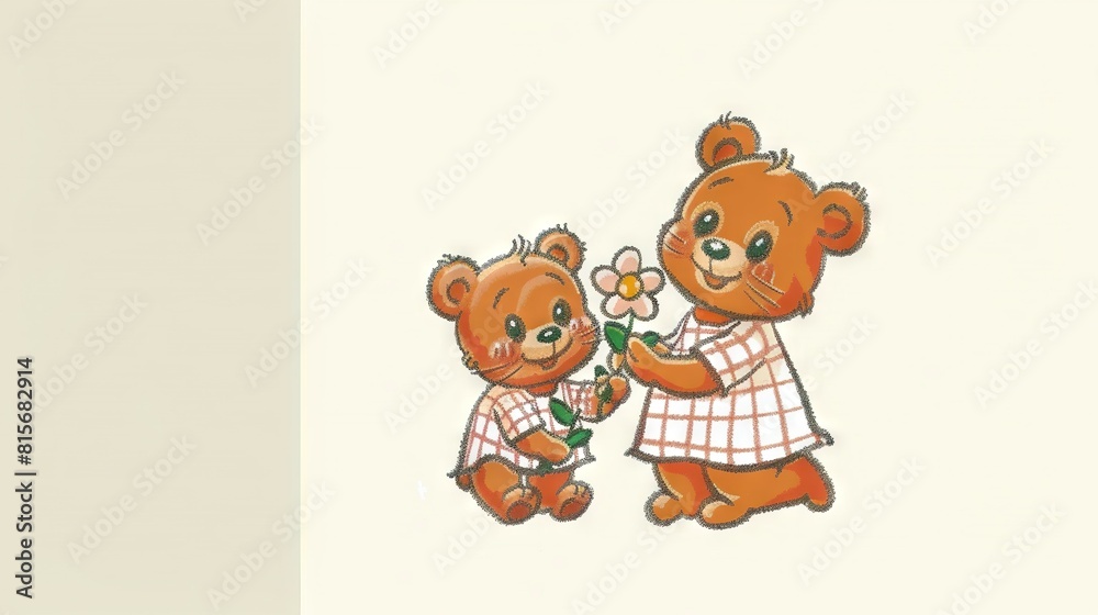 Two bears hold a flower together in their hands Two bears hold a flower together in their hands