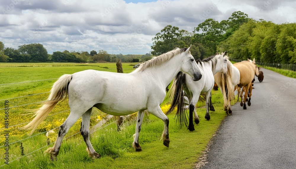 Obraz premium Harmony in Motion: Horses Ambling Along a Country Road horse, animal, horses, farm, grass, nature, field, white, grazing, green, mammal