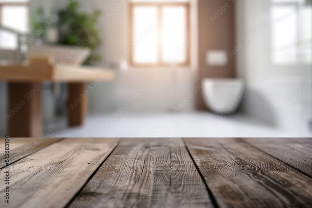 Blurred background and tabletop in a bathroom setting Blurred background and tabletop in a bathroom setting