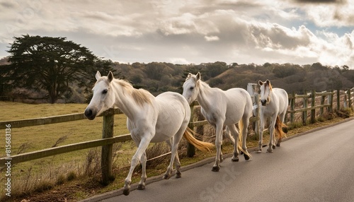 Harmony in Motion: Horses Ambling Along a Country Road horse, animal, horses, farm, grass, nature, field, white, grazing, green, mammal