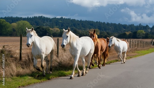 Harmony in Motion: Horses Ambling Along a Country Road horse, animal, horses, farm, grass, nature, field, white, grazing, green, mammal
