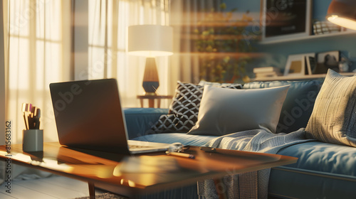 Sunlight illuminates living room workplace home office interior for comfort productive work brown and blue colours On wooden table laptop comfy couch with cushions on background workda : Generative AI