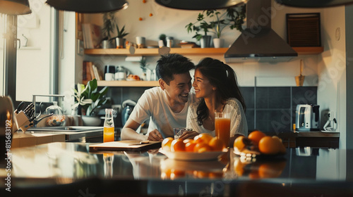 Smiling Asian couple sitting in the kitchen photo