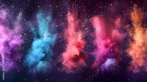 A sprinkling of color powder with abstract banners. Clouds of paint dust with particles. Modern realistic splash of color powder with a burst effect. Isolated on a transparent background.