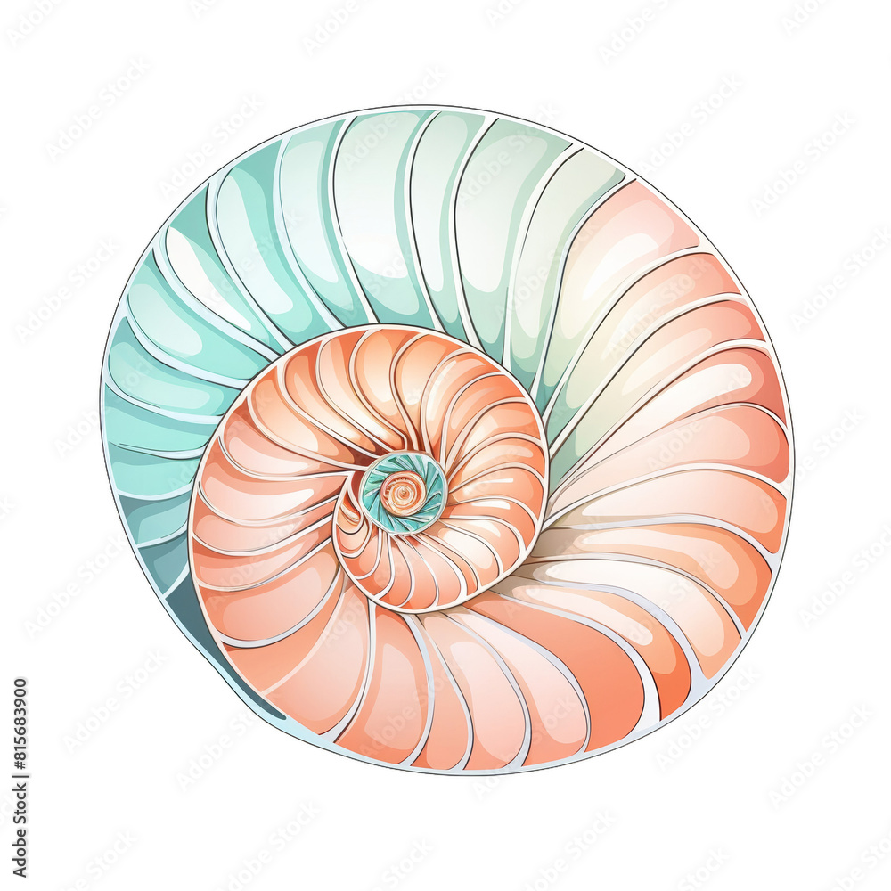 The image is a drawing of a nautilus shell. The shell is white and pink, with a spiral pattern. The image is a drawing of a nautilus shell. The shell is white and pink, with a spiral pattern.