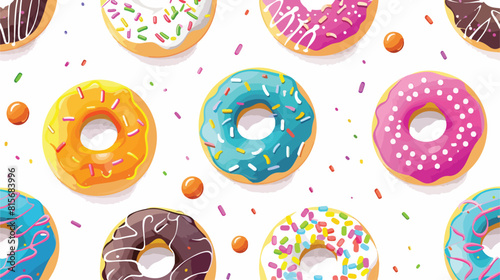 Vector pattern with colorful donuts with glaze and sp