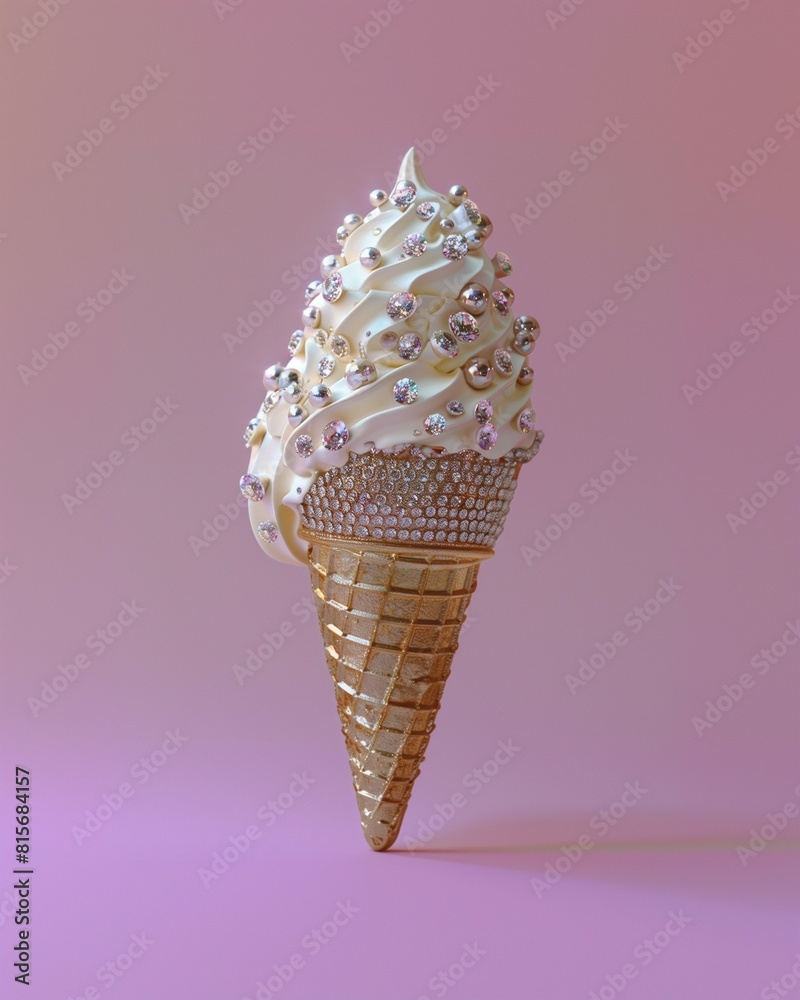 Melting ice cream cone with colorful pearls and gems against a pink gradient background. Summer refreshment concept. Melting ice cream cone with colorful pearls and gems against a pink gradient background. Summer refreshment concept.