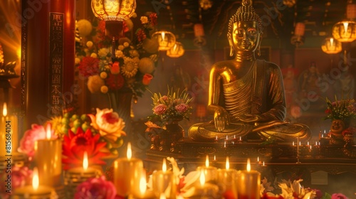 Buddha statue. Golden Enlightenment: Within the hallowed halls of a grand temple, a gilded Buddha statue stands as a beacon of spiritual enlightenment and divine grace.