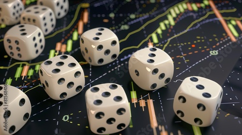 3D rendering of a stock market chart with white casino dice scattered on it.