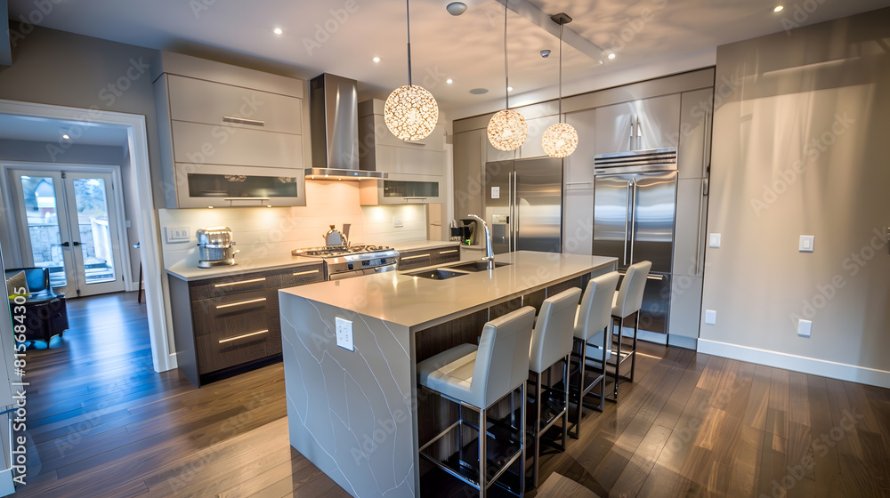 Kitchen in new luxury home with waterfall island stainless steel appliances pendant lights and hardwood floors : Generative AI
