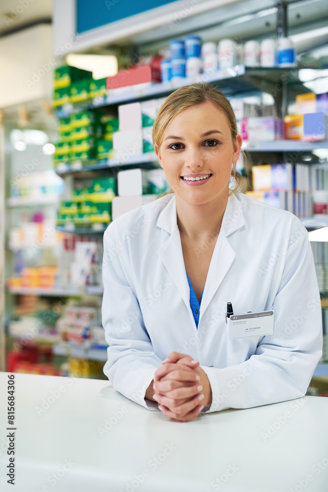 Woman, portrait and pharmacist counter for medicine purchase or healthcare advice, sales or insurance. Female person, face and antibiotic shopping or questions for patient, consulting or prescription
