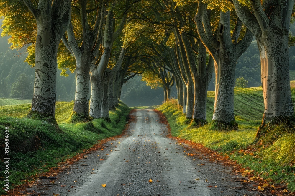 Naklejka premium Poplar Tree Lined Road: Symmetrical rows of trees along a country road.