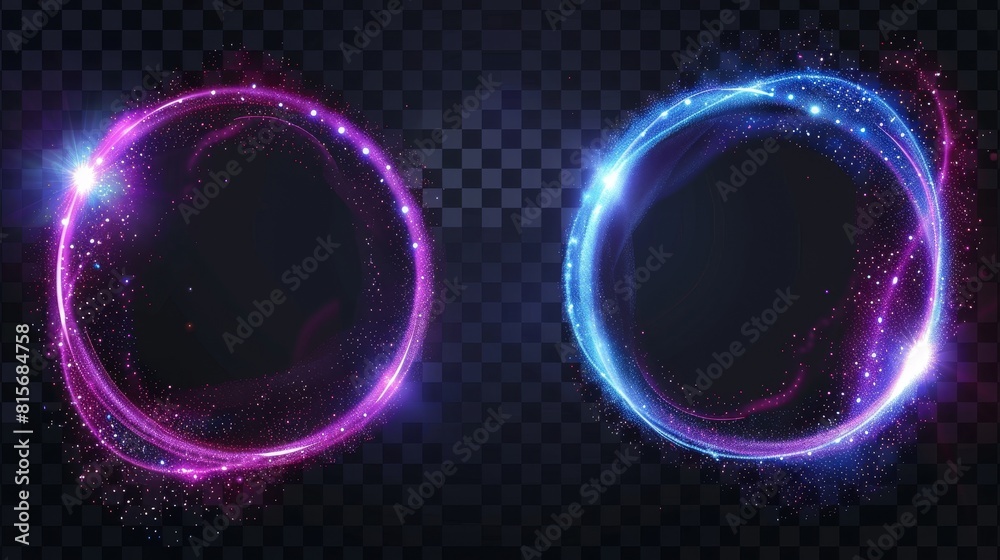 Round frames of flare trail with glitter dust isolated on transparent background, modern realistic set of blue and purple shiny rings and swirls. Round frames of flare trail with glitter dust isolated on transparent background, modern realistic set of blue and purple shiny rings and swirls.